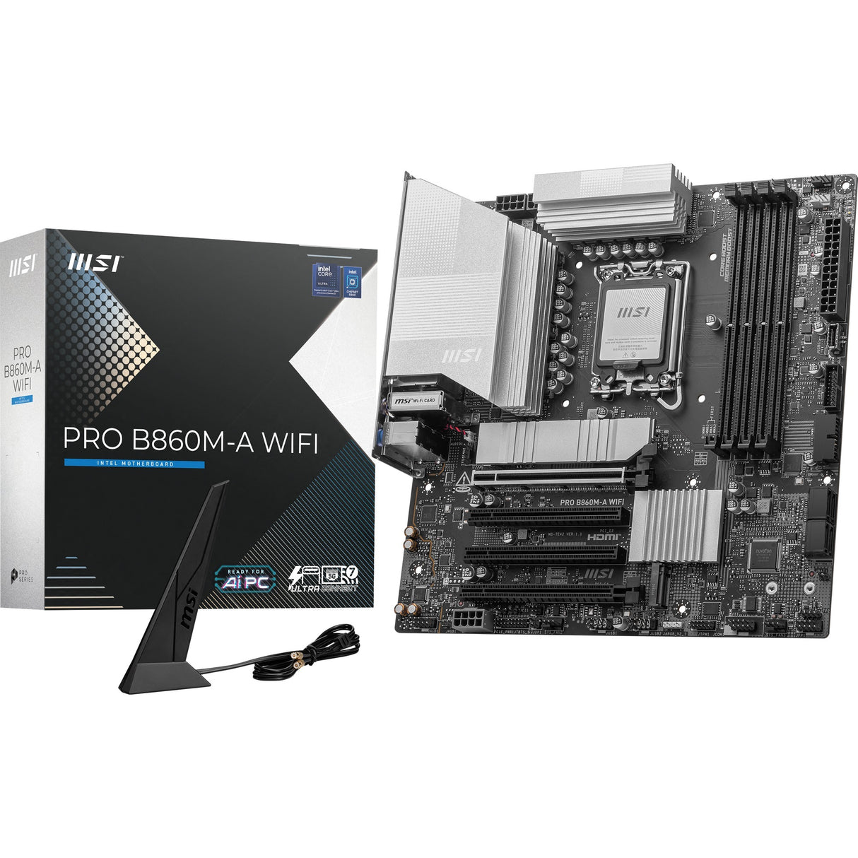 MSI Pro B860M-A WiFi Socket 1851 bundkort (sølv, RAID, 5GB-LAN, WiFi 7, BT, lyd, µATX)