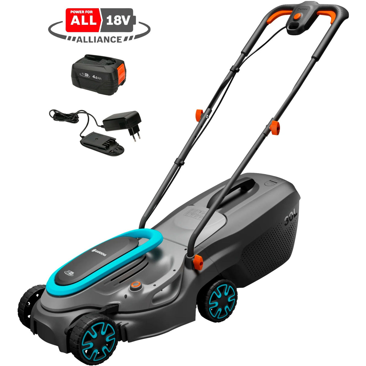 Gardena powermax 32 18v p4a læs plæneklipper batteri inkl. lader 18 v klippebredde max. 320 mm