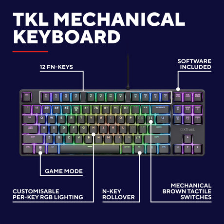 Trust GXT 864 Cada Compact Mechanical TKL Gaming Keyboard (sort, amerikansk layout (Qwerty), Huano Brown, RGB)