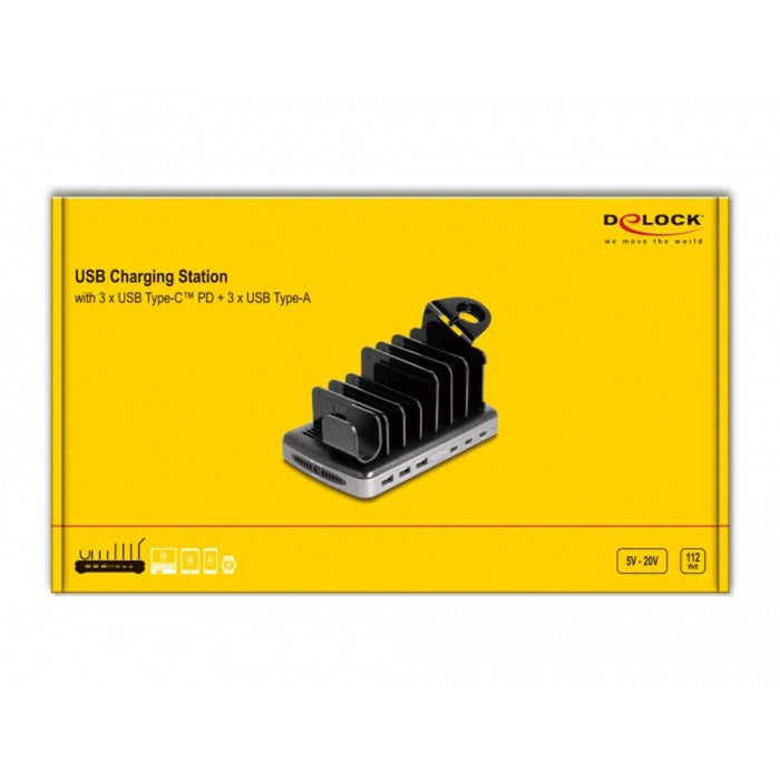 Delock USB-ladestation med 3 x USB Type-C PD + 3 x USB Type-A (112 W) (grå sort)