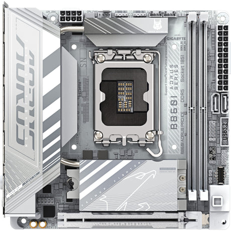 Gigabyte B860i Aorus Pro Ice Socket 1851 bundkort (sølv, RAID, 2,5 GB-LAN, Wi-Fi 7, BT, lyd, Mini-ITX)