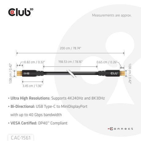 Club 3D USB-C til Mini DisplayPort DP40 tovejsadapter (sort, 2 meter, Vesa-certificeret)
