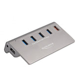 Delock USB-hub 10 Gbps med 4 USB-A + 1 hurtigopladningsport (grå, inkl. strømforsyning)