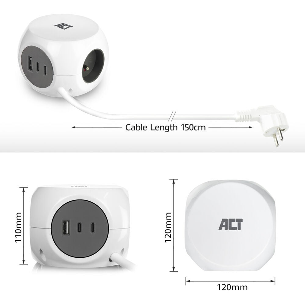 Act connectivity act strømskinne terning med 3 sokler, 30w strømforsyning USB-C a porte, kabellængde 1,5m ac2425