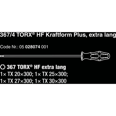 Wera 367 4 torx® hf kraftform plus skruetrækkersæt med holdefunktion med 300 mm lange klinger (sort grøn, 4 stk.)