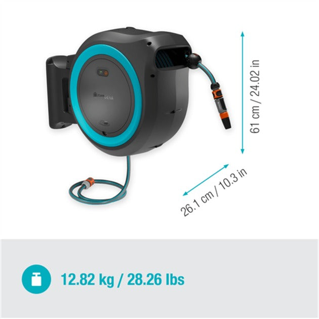 Gardena 35 m vægslangeboks powerroll xl slangetromle (grå turkis, 35 meter, batteri og oplader medfølger ikke, strøm til alle alliance)