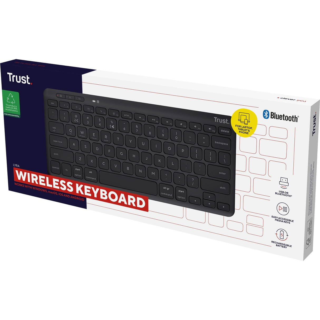 Trust Lyra kompakt trådløst tastatur (sort, amerikansk layout (QWERTY), saksekontakter, 65 %, 2,4 GHz USB, Bluetooth)