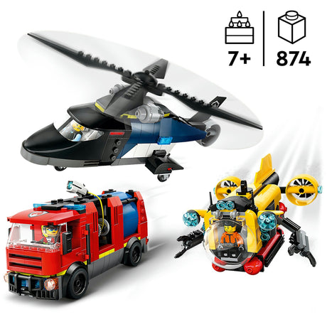 Lego city - helikopter, brandbil og ubåd remix byggelegetøj (60462 | sæt med 3 modulære køretøjer)