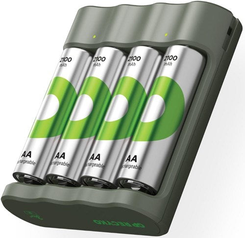 GP USB -batterioplader + 4 x AA -batterier 2100mAh Nimh