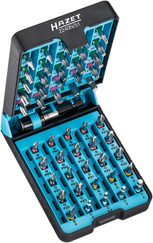 Hazet bit sæt | 2-6 | ph1-ph3 | pz1-pz3 | t6-t40 | 1 4 tommer (6,3 mm) sekskantet massiv | pozidriv-profil pz, tværhovedprofil ph, manipulationssikker torx®-profil | 51 dele - 2240n 51