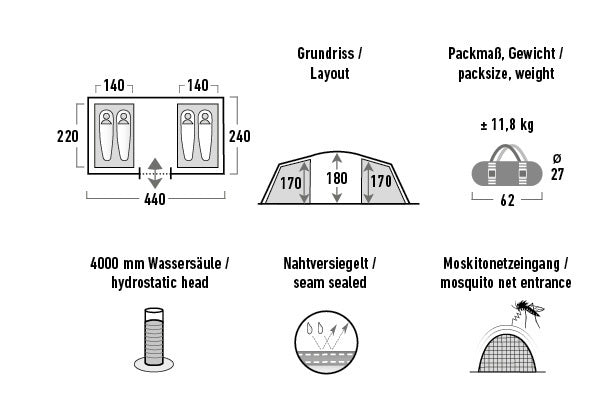 High Peak Family Tent Tauris 4.0 4-personer 440 cm mørkegrå