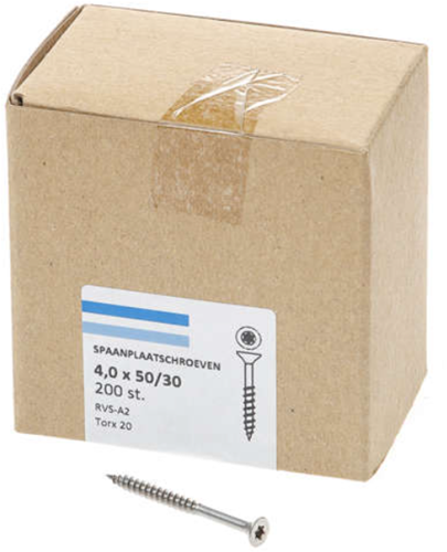 Hoenderdaal fasteners hoenderdaal spaanplaatschroef rvs-a2 platkop deeldraad torx tx20 4.0x50 30 | 200 stuks - 0206.30.25901