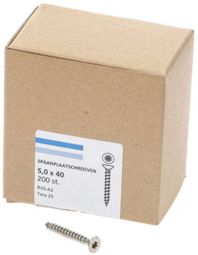Hoenderdaal fasteners hoenderdaal spaanplaatschroef rvs-a2 platkop voldraad torx tx25 5.0x40 | 200 stuks - 0206.30.41603