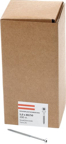 Hoenderdaal fasteners hoenderdaal spaanplaatschroef verzinkt platkop deeldraad torx tx25 5.0x80 50 | 200 stuks - 0206.01.42401