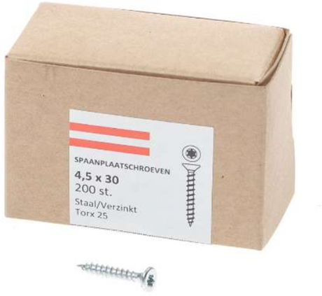 Hoenderdaal fasteners hoenderdaal spaanplaatschroef verzinkt platkop voldraad torx tx25 4.5x30 | 200 stuks - 0206.01.33201