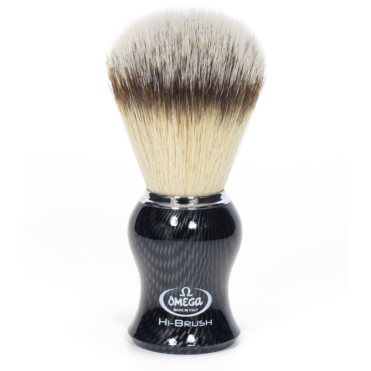 Omega barberbørste hi-brush syntetisk hår med grævling hår effekt kulfiber håndtag 11cm