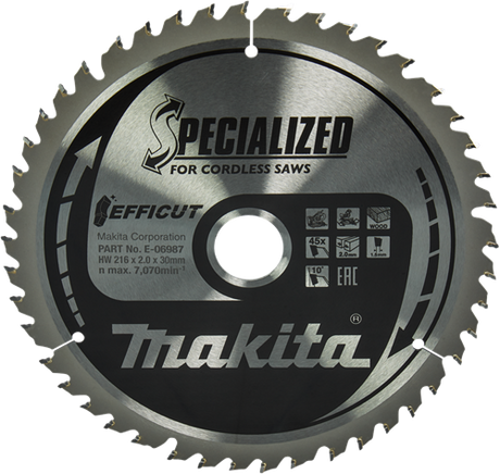 Makita tilbehør krydssavklinge træ | efficut 216x30x2,0 45t 10g - e-06987 - e-06987