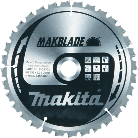 Makita tilbehør krydssavklinge træ | Makblade 255x30x2,3 32t 5g - b-32720 b-32720