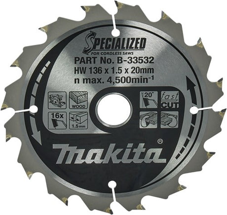 Makita tilbehør rundsavklinge | træ | 136x20x1,5 16t 20g - b-33532