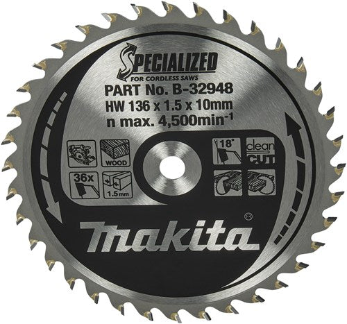 Makita tilbehør makita rundsavklinge til træ | specialiseret: batteri | ø 136 mm akselhul 10 mm 36t - b-32948