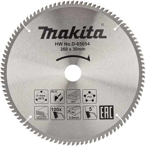 Makita tilbehør d-65654 krydssavklinge | forskellige materialer | 260x30x2,6 | 100t | 5g - d-65654