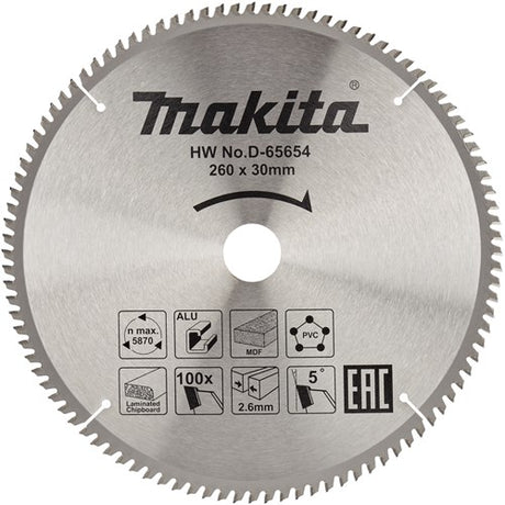 Makita tilbehør d-65654 krydssavklinge | forskellige materialer | 260x30x2,6 | 100t | 5g - d-65654