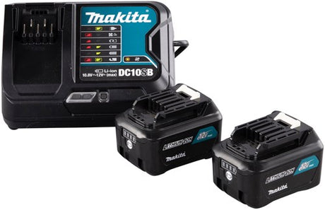 Makita tilbehør strømkildesæt: DC10SB oplader + 2x BL1041B 12V Max (10,8V) Li-Ion glidende batteri - 4,0Ah - 191L68-0