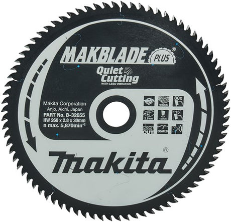 Makita tilbehør bordsavklinge træ - makblade-plus 260x30x2,8 80t 15g - b-32655
