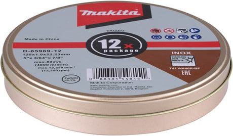 Makita tilbehør d-65969-12 | skæreskive i rustfrit stål | 12 stk i dåse | 125x22,23x1,2 mm - d-65969-12