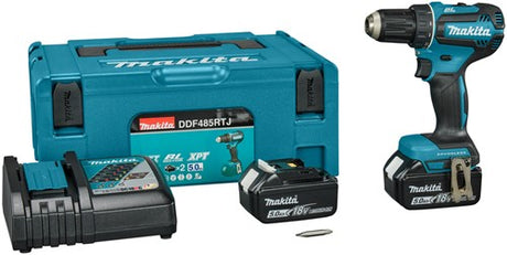 Makita ddf485rtj 18v bore- og skruetrækker børsteløst 5,0 ah batteri (2 stk), hurtiglader, mbox