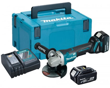 Makita dga508rtj 18v vinkelsliber 125mm 5,0ah batteri (2 stk), hurtiglader, mbox, med sikkerhedsafbryder