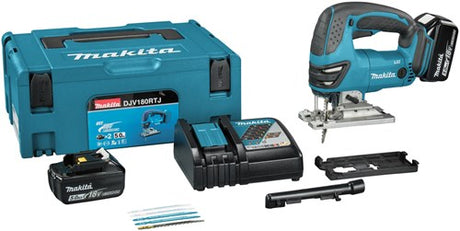 Makita djv180rtj | 18 v stiksav | d-håndtag | 5,0 ah batteri (2 stk) hurtigoplader | i mbox djv180rtj