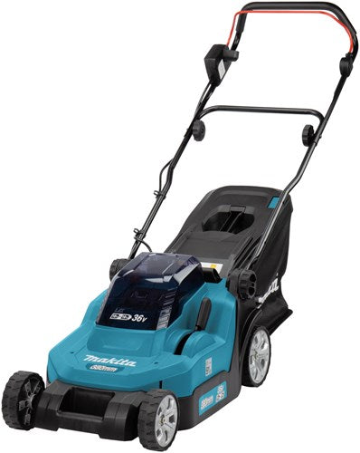 Makita dlm382cm2 2x18 v plæneklipper 38 cm 4,0 ah batteri (2 stk), duo oplader (dc18sh), i æske - dlm382cm2