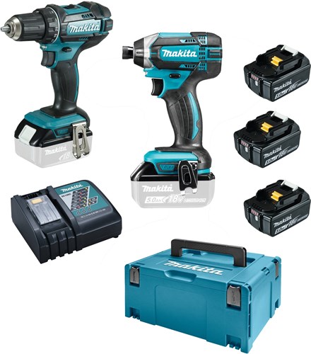 Makita dlx2127tj1 kombinationssæt - ddf482 18v bore-/skruetrækker + dtd152 slagskruetrækker 5,0 ah batteri (3 stk), hurtiglader, mbox