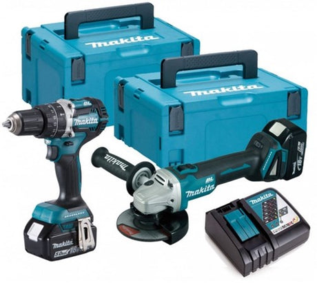 Makita DLX2179TJ1 18V LXT 2-delt børsteløs DGA504 vinkelsliber + DHP484 (slag) boresæt med 2 x 5,0Ah batterier