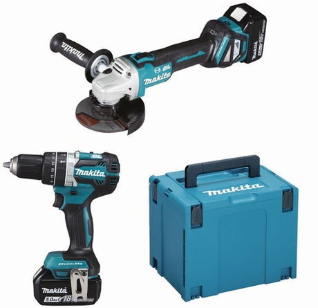 Makita dlx2272tj 18v lxt 2-delt sæt: dga513 vinkelsliber + dhp484 (slag) boremaskine 2 x 5,0ah batterier