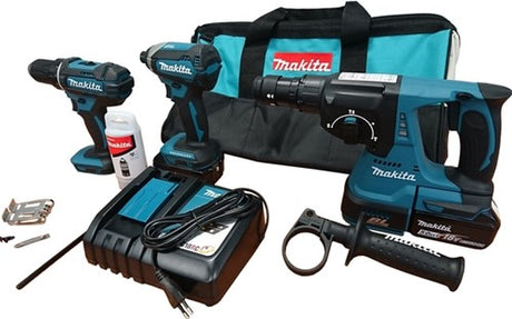 Makita DLX3089T kombinationssæt - DHP482 slagboremaskine + DTD153 slagskruetrækker + MR243 borehammer 18V 5,0 Ah batteri (2 stk) i pose