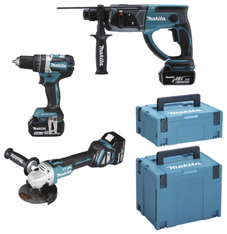 Makita DLX3093TJ 18V LXT 3-delt sæt: DGA513 vinkelsliber + DHP484 (slag) boremaskine + MR202 borehammer med 3 x 5,0Ah batterier - DLX3093TJ
