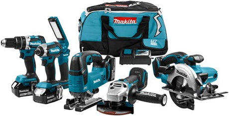 Makita dlx6082t combo sæt 18v li-ion med 3x 5.0ah batterier - til (slag)bor, (slag)skruer, savning og slibning - dlx6082t