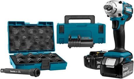 Makita dtw190jx1 18v slagnøgle 190 nm | 3,0 Ah batteri (2 stk), lader, mbox - med 10 dele tilbehørssæt
