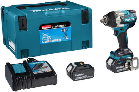 Makita dtw701rtj | 18v | batteri slagnøgle | 1 2 med fjederbelastet låsestift | 2 x 5,0 ah batteri + hurtigoplader | i mbox