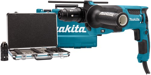 Makita hr2630tx12 kombinationshammer | sds-plus | med udskifteligt borehoved 800w 2.4j + 17-delt boremejselsæt - hr2630tx12