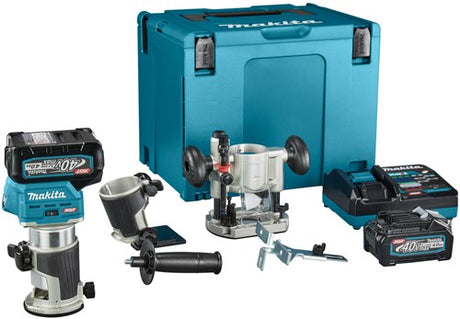 Makita rt001gm205 top- og kantfræser | 40v maks. | 2 x 4,0 ah batteri + hurtigoplader | inkl. forskellige fødder | i mbox rt001gm205