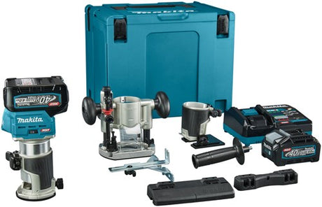 Makita rt001gm206 top- og kantfræser | 40v maks. | 2 x 4,0 ah batteri + hurtigoplader | inkl. forskellige fødder + styreskinneadapter | i mbox - rt001gm206