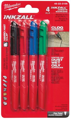 Milwaukee tilbehør inkzall fine point farve highlighter 4-delt sæt: sort, rød, blå og grøn - 48223106