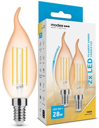Modee led spids stearinlys e14 4-28w 1800k filament rav dæmpbar 2-pak - led7408