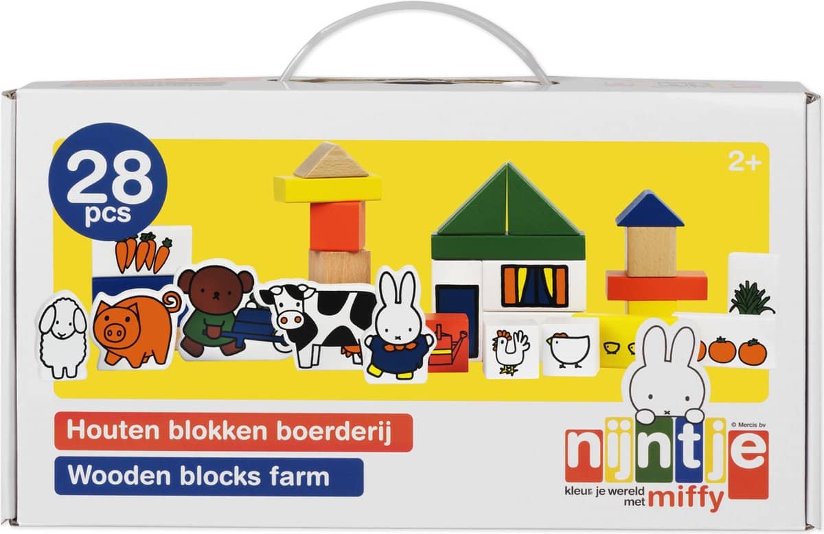 Bambolino Miffy træblokke gård - 28-delt småbørnslegesæt med husdyr, byggeklodser - pædagogisk legetøj gave tip - fra 2 år - legetøj