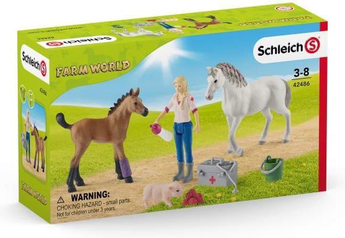 Schleich farm world - læge besøger hoppe og føl - legefigursæt - børnelegetøj til drenge og piger - 3 til 8 år - 8 dele