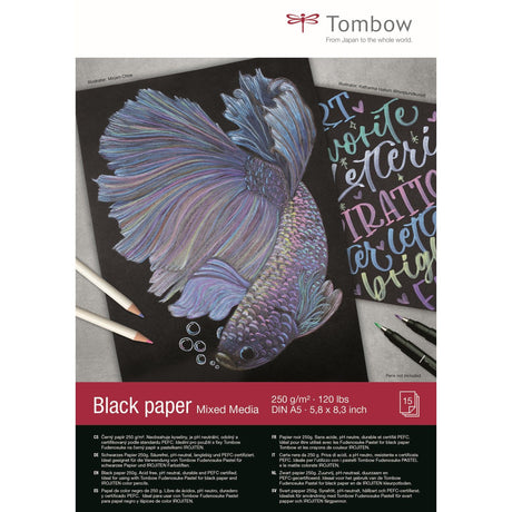 Tombow • sort papir din a5 (14,8 x 21 cm), 15 ark, 250 g m² (120 lbs), sort