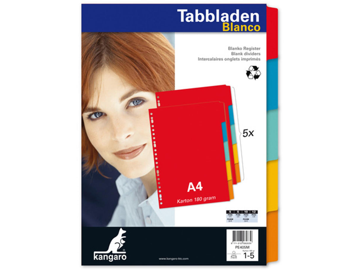 Kangaro tab a4 blank pap 180 gram assorteret 23 huller 5-delt
